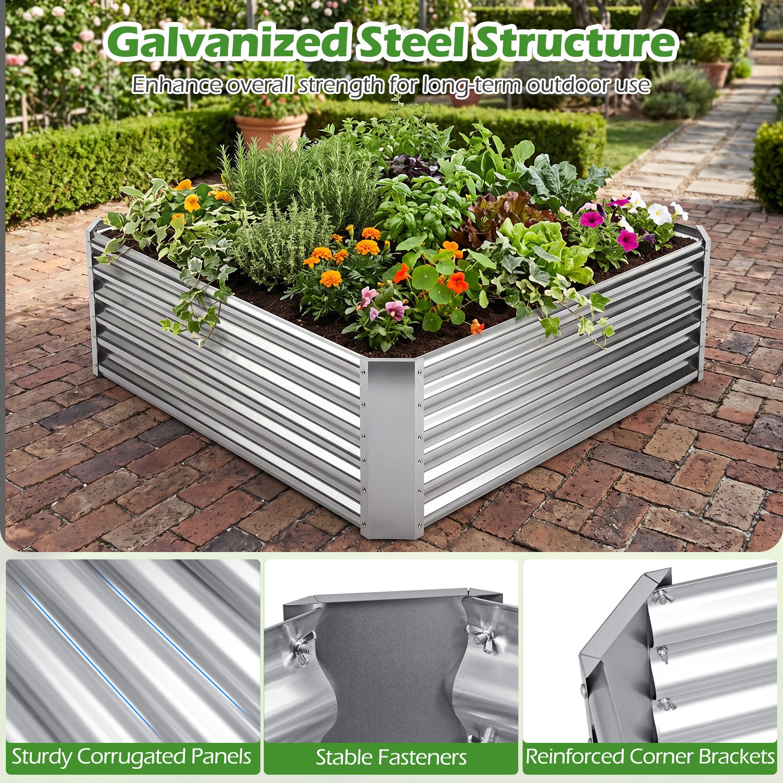 Galvanized Raised Garden Bed Rectangular Outdoor Planter Box with Open-Ended Bade-Silver