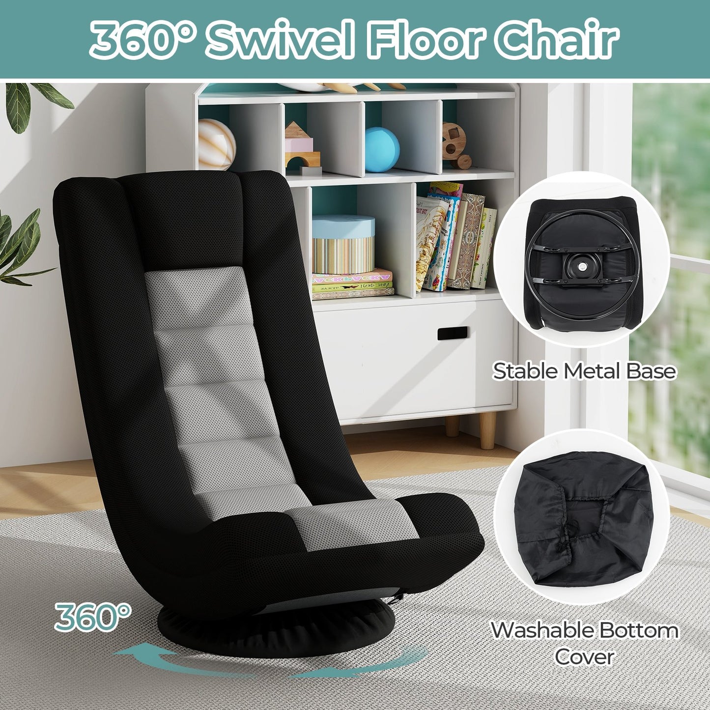 360° Swivel Gaming Chair 4 Position Adjustable Folding Floor Sofa-Grey
