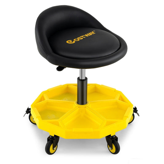 54-67 CM Height Adjustable Rolling Garage Stool with Tool Tray Storage-Yellow