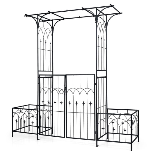 Garden Arbor with Gate and Planter Boxes 206cm Heavy Duty Metal Arch