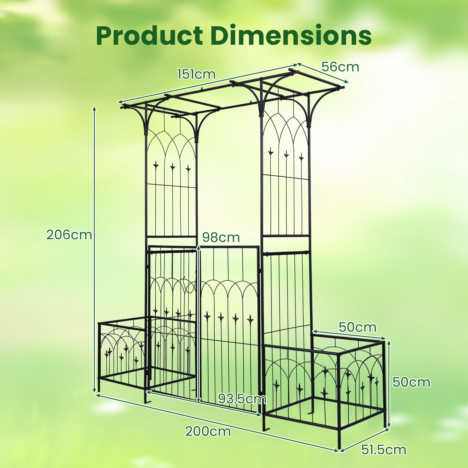 Garden Arbor with Gate and Planter Boxes 206cm Heavy Duty Metal Arch