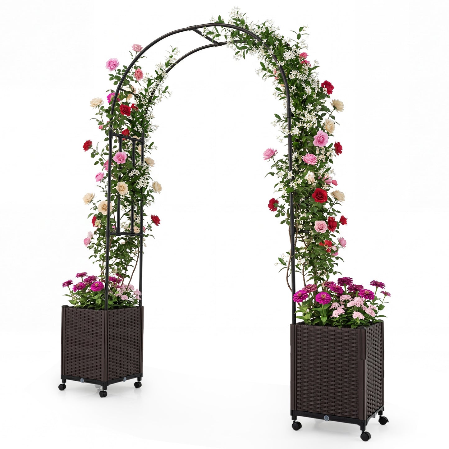Garden Arch Trellis with 2 Self-watering Planter Boxes PE-coated Metal Arbor-Black
