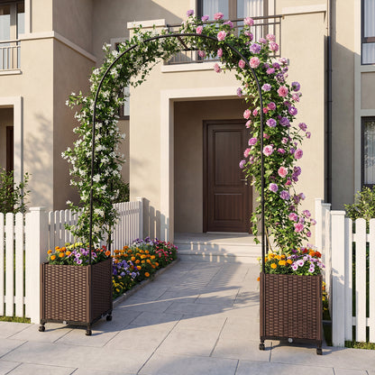Garden Arch Trellis with 2 Self-watering Planter Boxes PE-coated Metal Arbor-Black