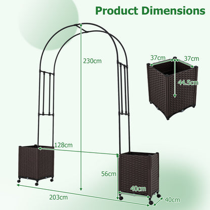 Garden Arch Trellis with 2 Self-watering Planter Boxes PE-coated Metal Arbor-Black