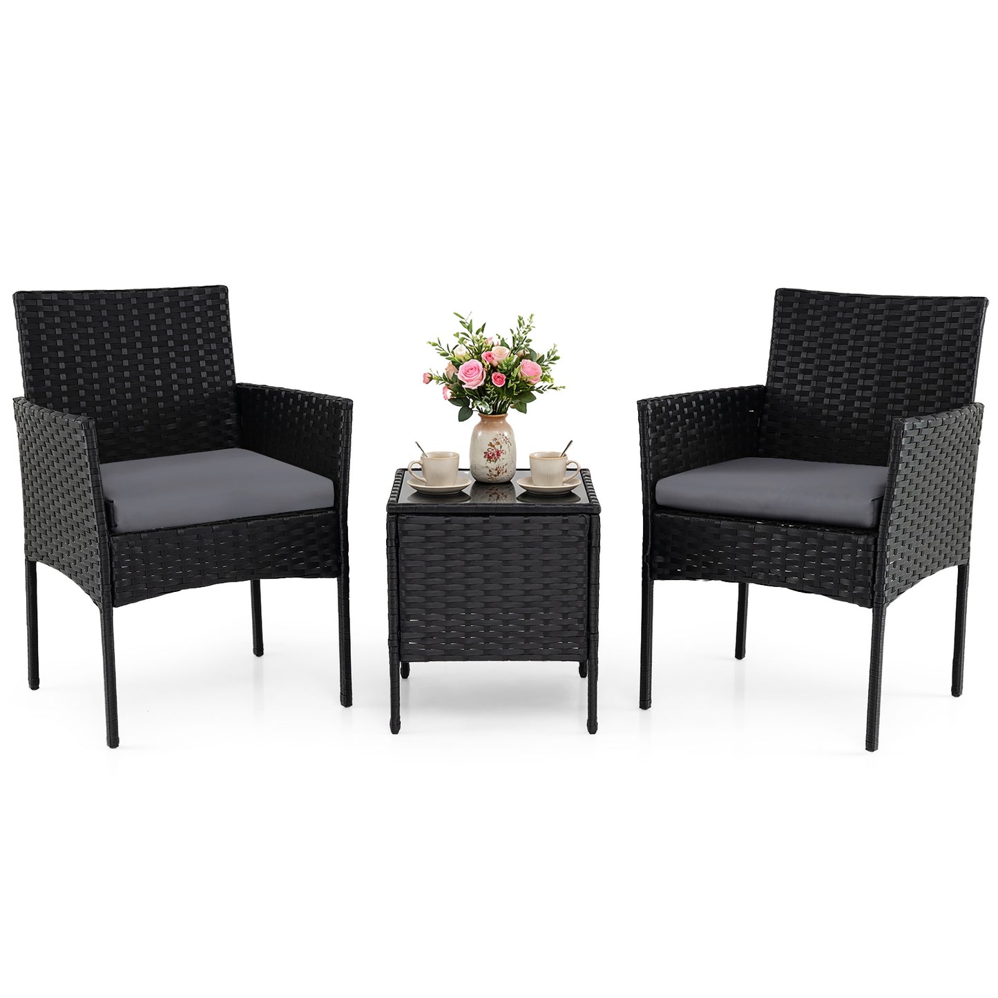 Garden Furniture Set 3-piece Rattan Balcony Furniture Set with 2 Cushioned Chairs-Grey