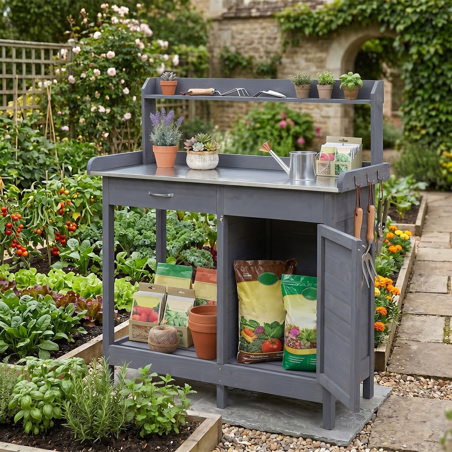 Garden Potting Bench with Stainless Steel Top and Lockable Cabinet for Yard-Grey