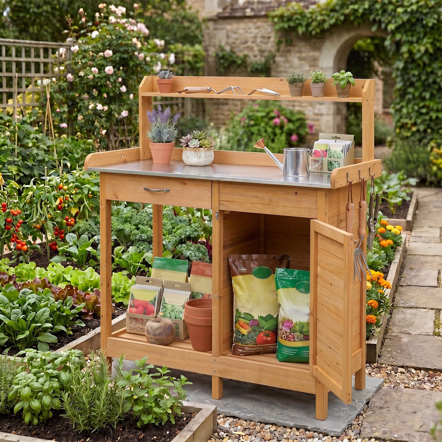 Garden Potting Bench with Stainless Steel Top and Lockable Cabinet for Yard-Yellow