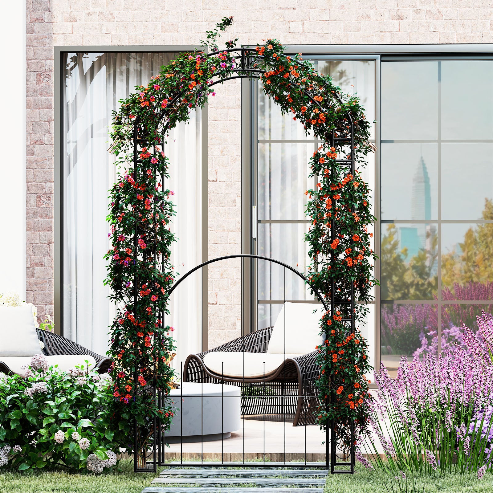 214 cm Tall Garden Arch with Gate and Climbing Trellises