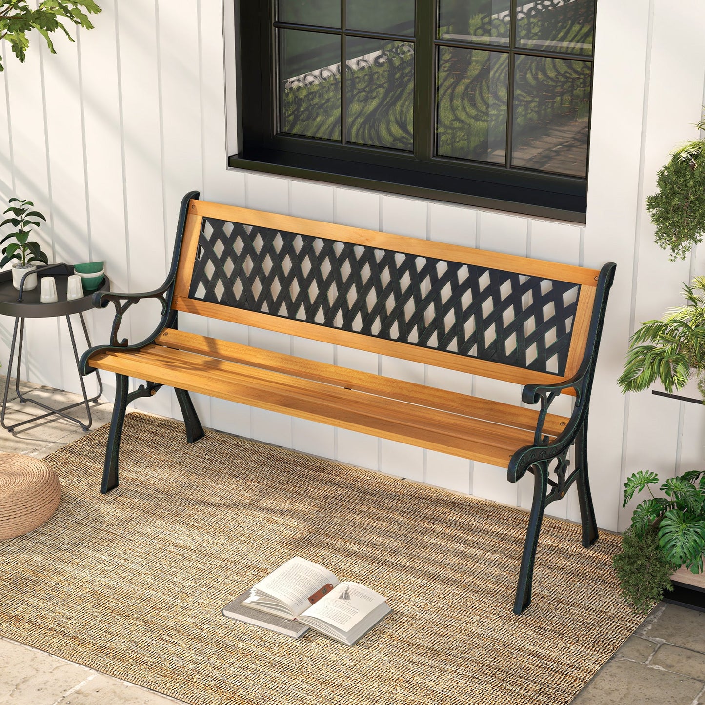 126cm Patio Garden Bench with Curved Armrests and Appealing Back