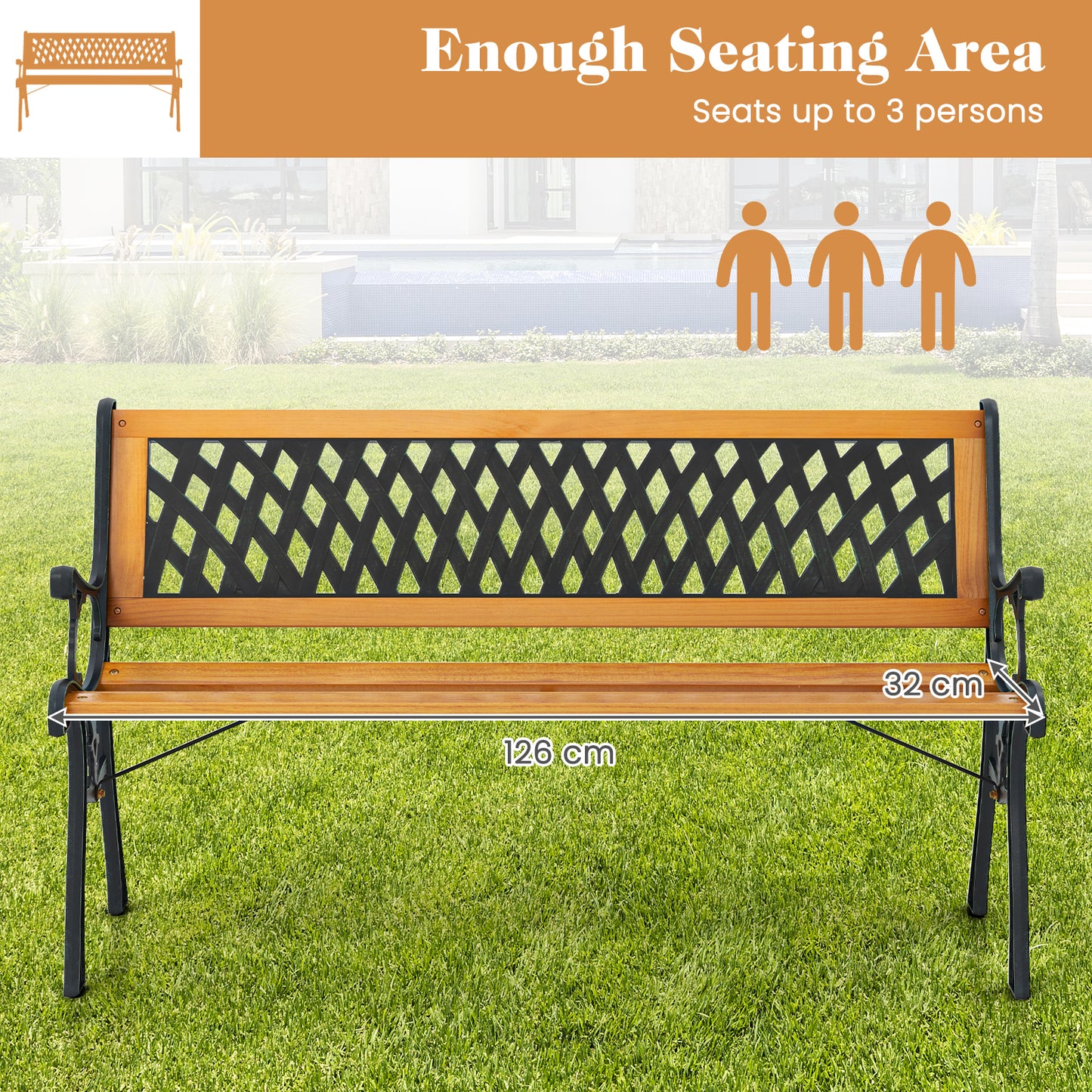 126cm Patio Garden Bench with Curved Armrests and Appealing Back