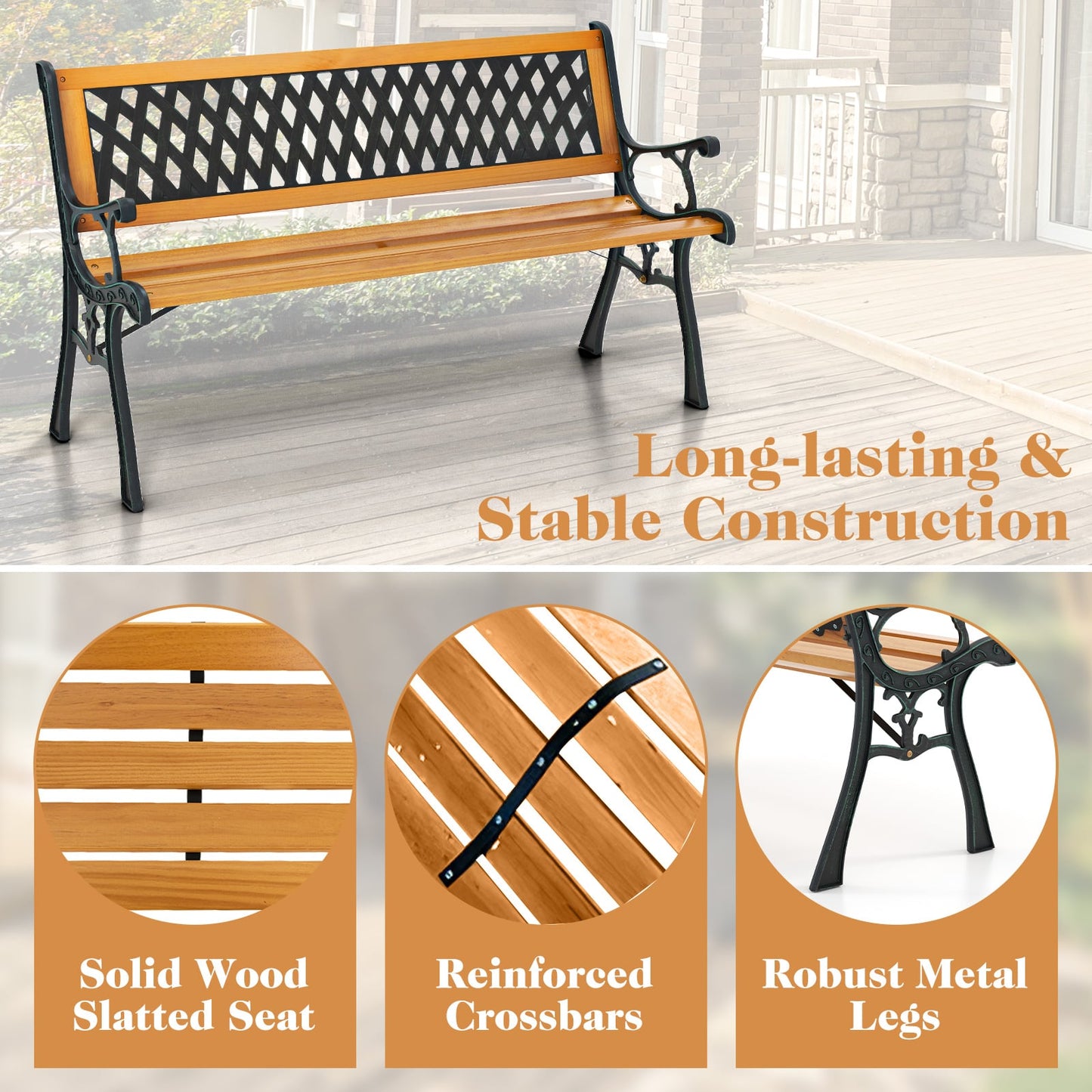 126cm Patio Garden Bench with Curved Armrests and Appealing Back