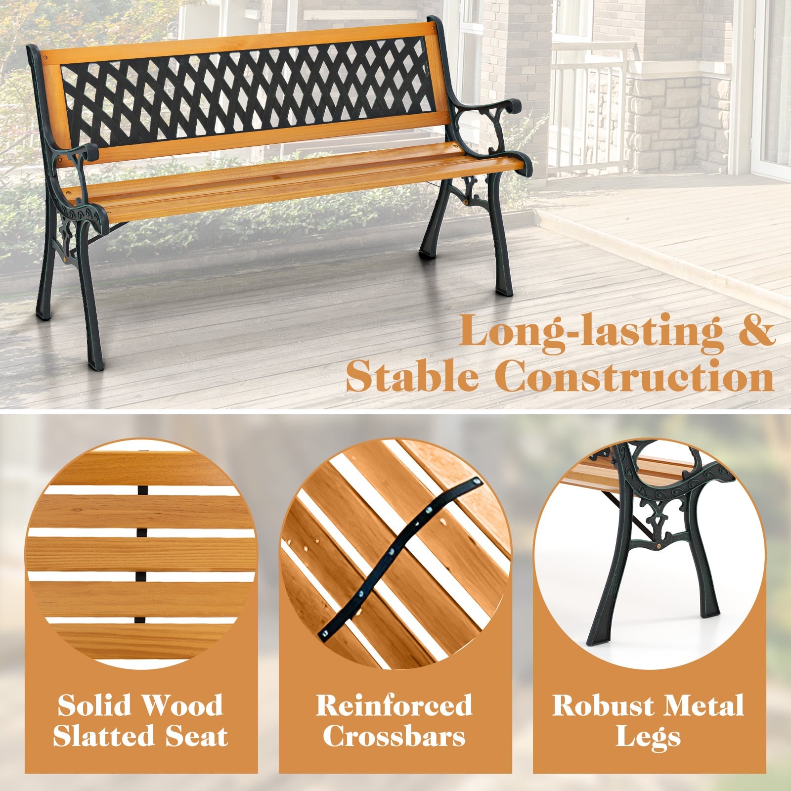 126cm Patio Garden Bench with Curved Armrests and Appealing Back