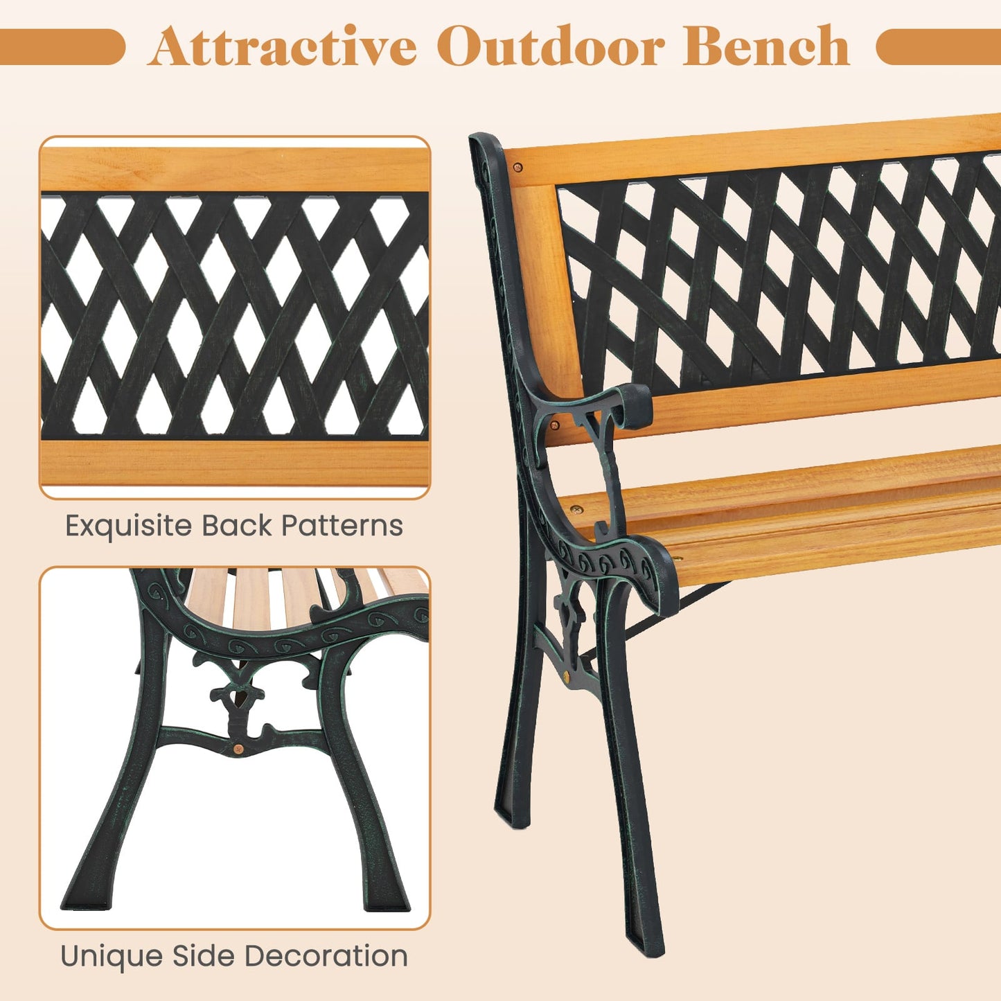 126cm Patio Garden Bench with Curved Armrests and Appealing Back