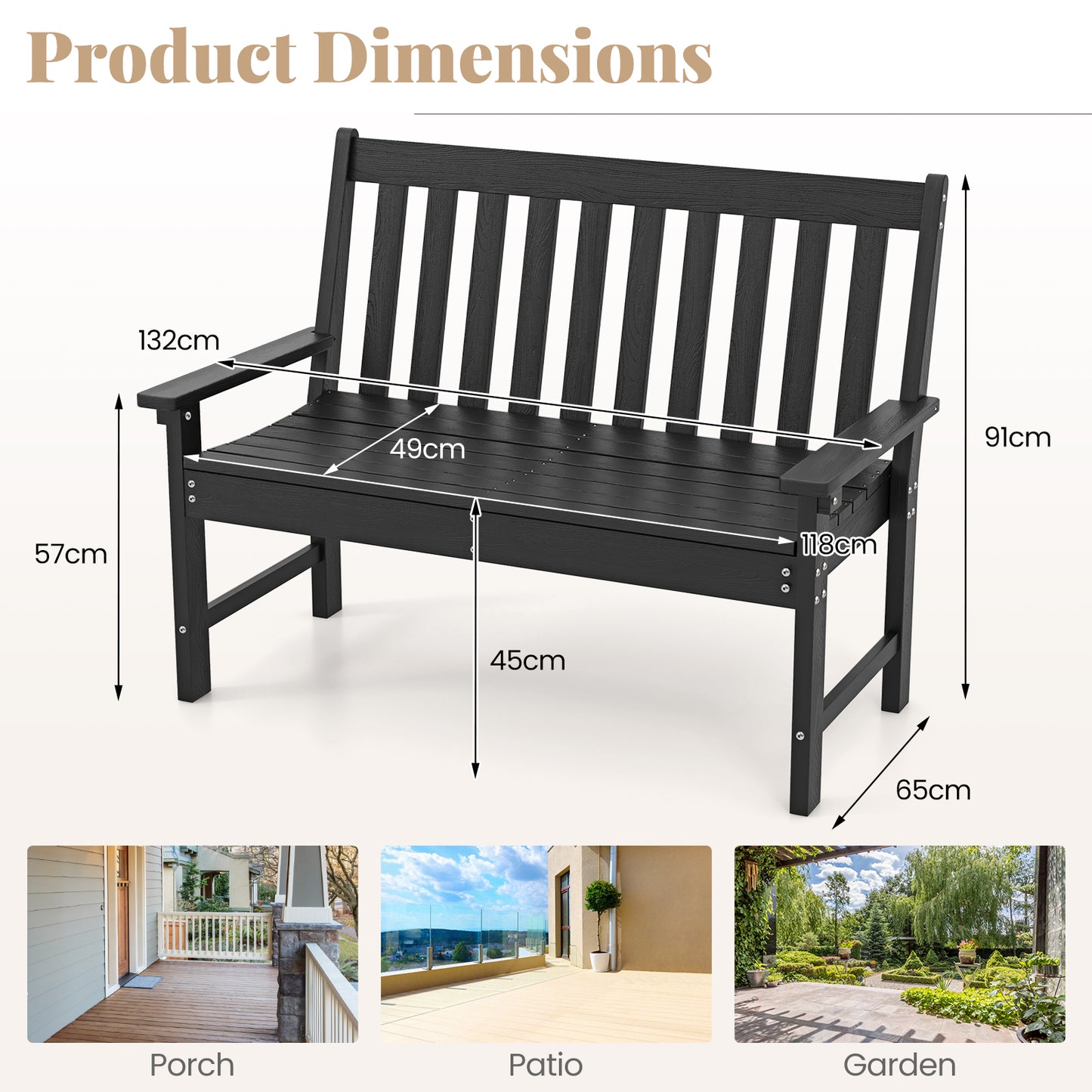 132 CM All-Weather HDPE Garden Bench with Backrest and Armrests-Black