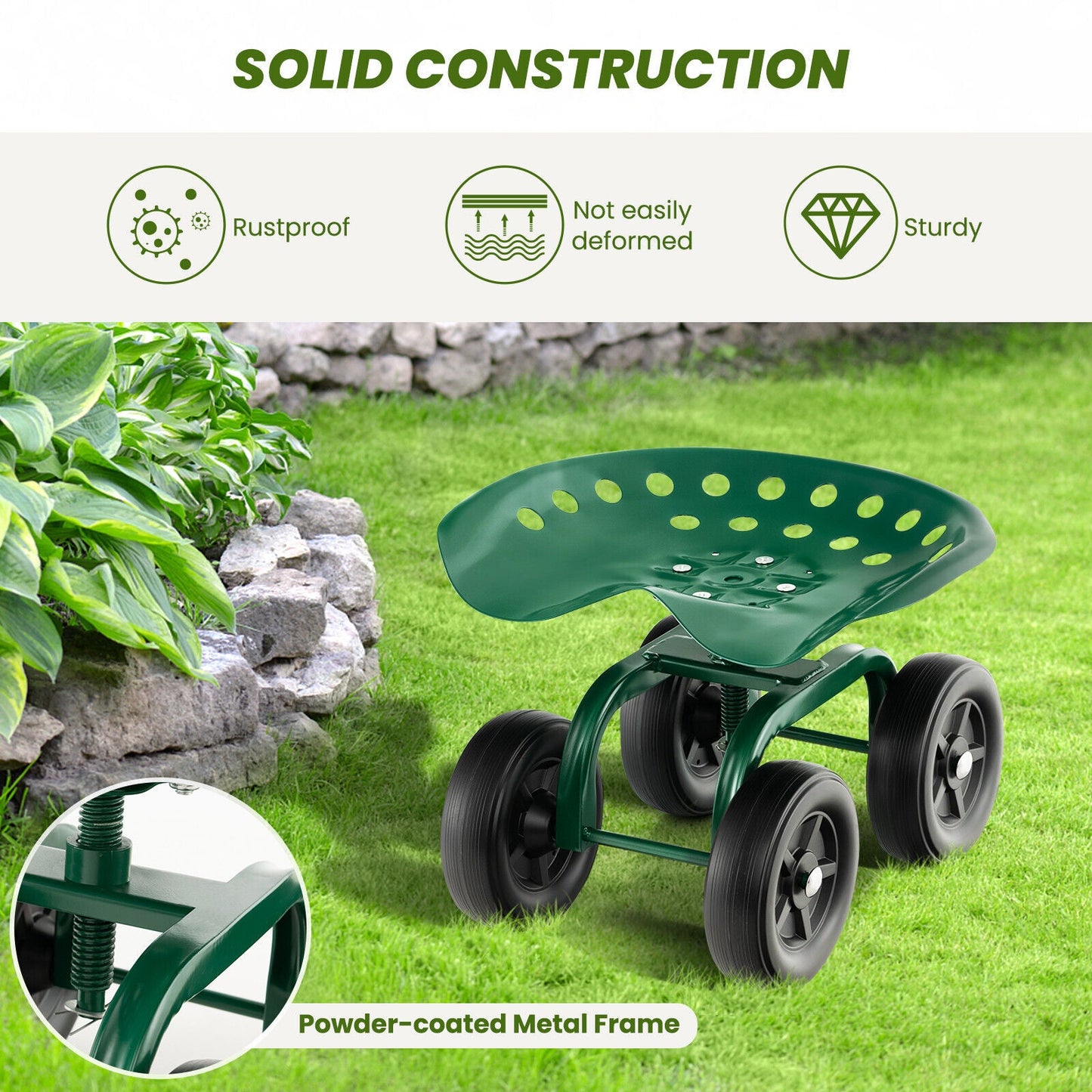 Rolling Garden Workseat with 360°Swivel Seat and Adjustable Height-Green