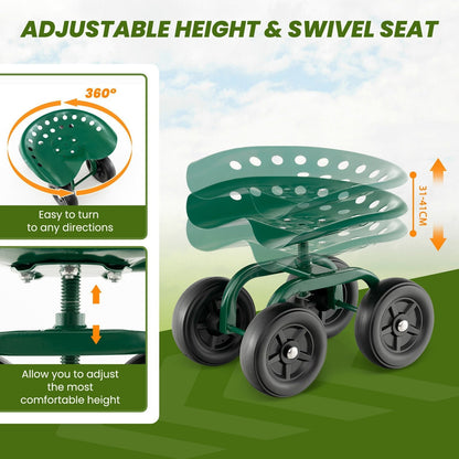 Rolling Garden Workseat with 360°Swivel Seat and Adjustable Height-Green
