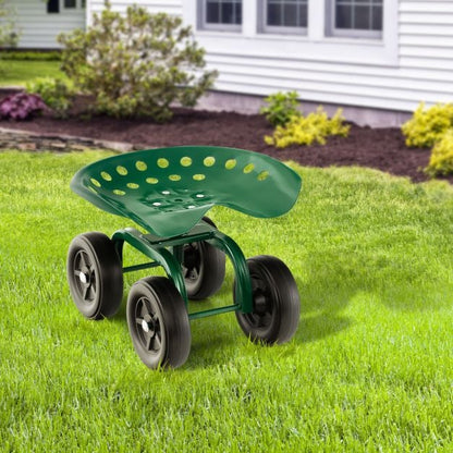 Garden Rolling Workseat with 360°Swivel Seat and Adjustable Height-Green