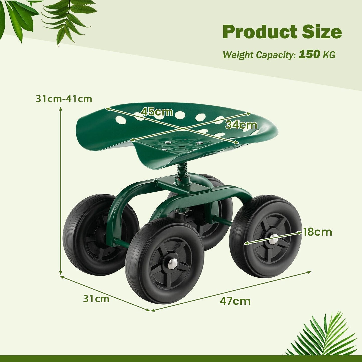 Rolling Garden Workseat with 360°Swivel Seat and Adjustable Height-Green