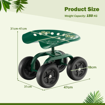 Rolling Garden Workseat with 360°Swivel Seat and Adjustable Height-Green