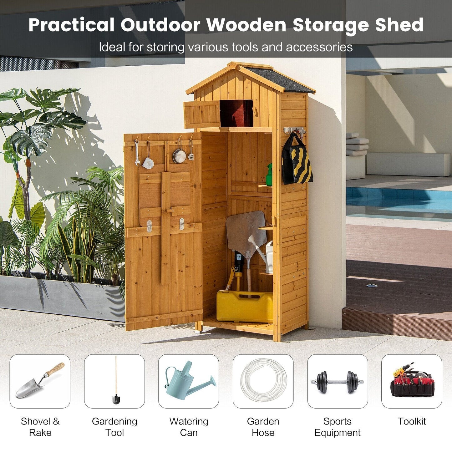 180.5CM Tall Outdoor Storage Cabinet with Lockable Doors and Foldable Table-Natrual