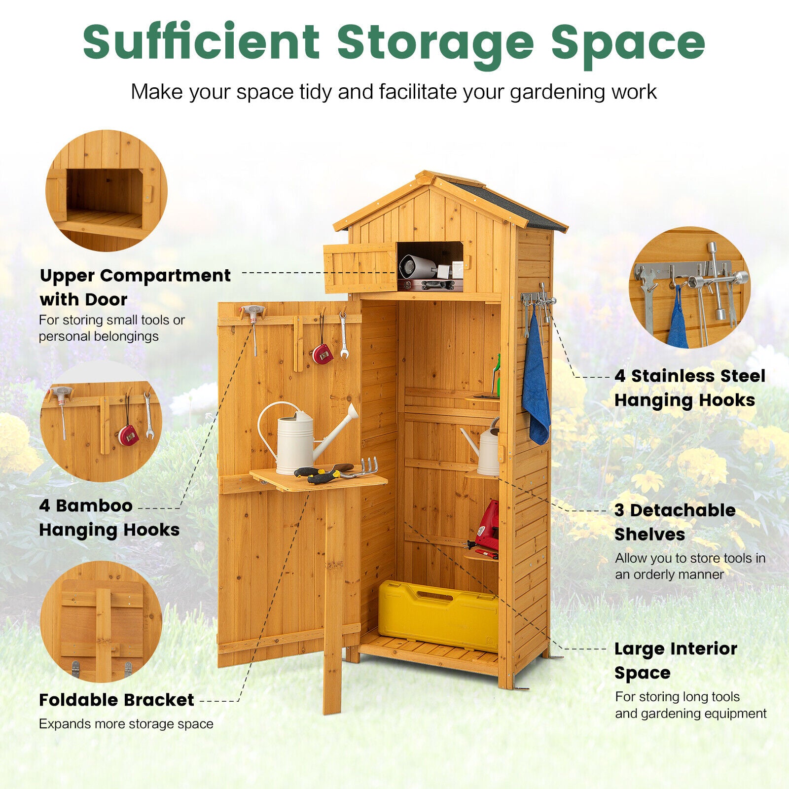 180.5CM Tall Outdoor Storage Cabinet with Lockable Doors and Foldable Table-Natrual