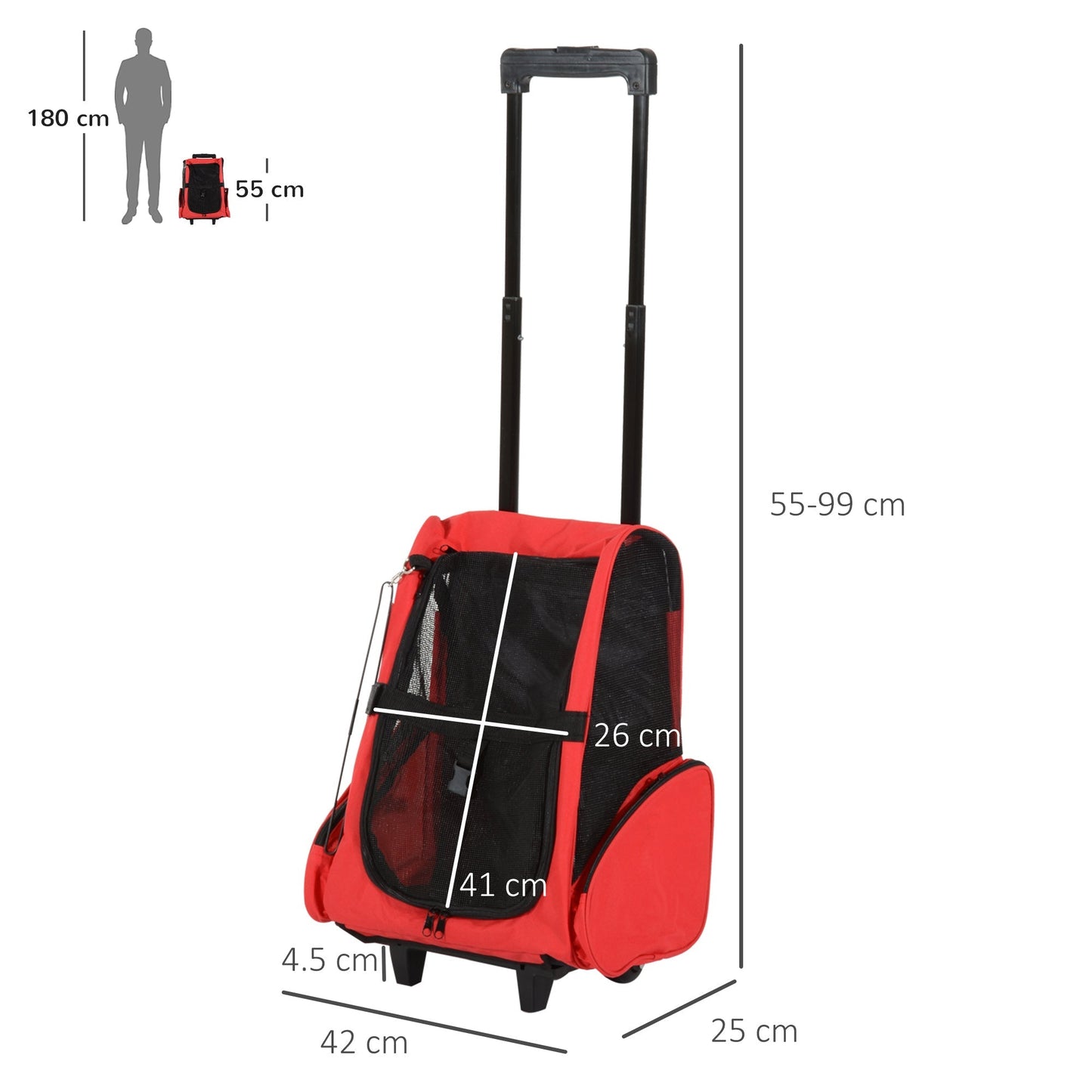 PawHut Dog Carrier Bag Travel Backpack Bag Cat Carrier Dog Bag w/ Trolley and Telescopic Handle, 42 x 25 x 55 cm, Red