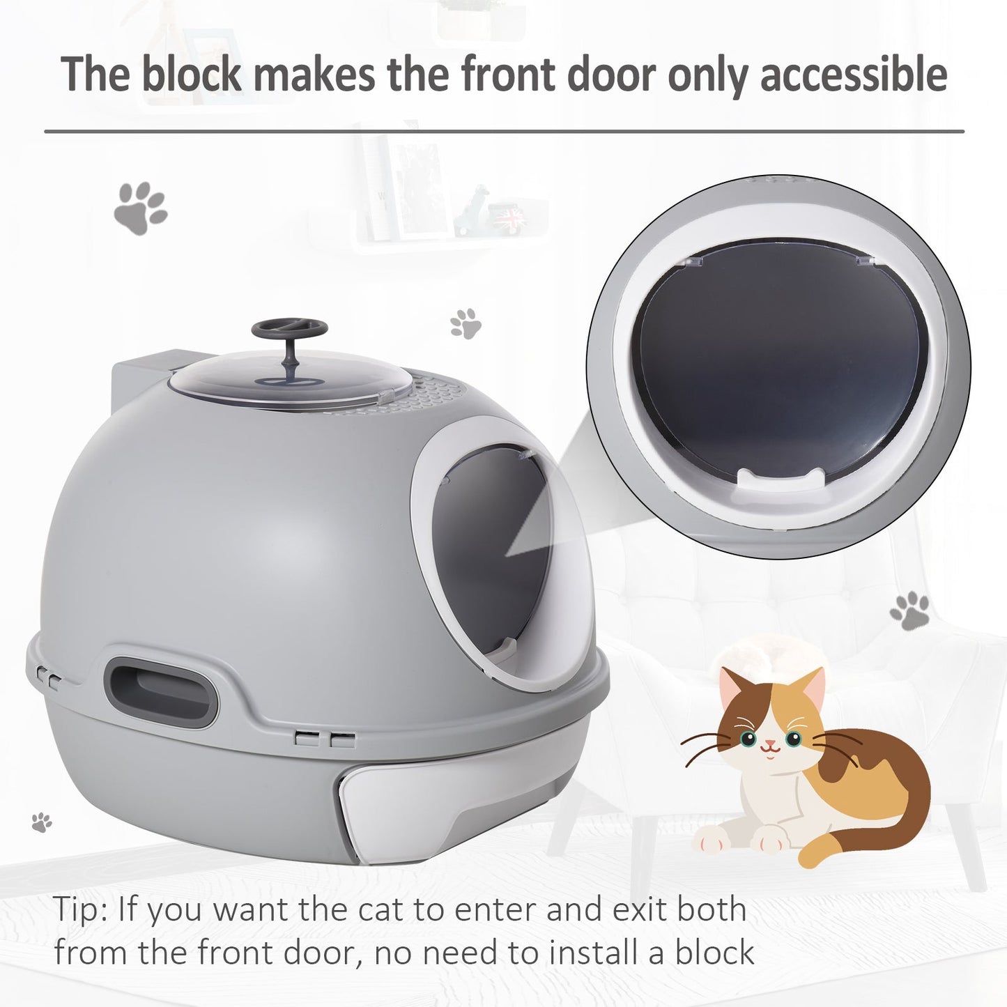 PawHut Cat Litter Box Toilet With Litter Scoop Enclosed Drawer Skylight Easy To Clean Grey