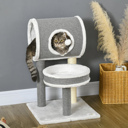 PawHut Cat Tree for Indoor Cats with Scratching Post, Bed, Tunnel, Toy Ball, 48 x 48 x 73 cm, White