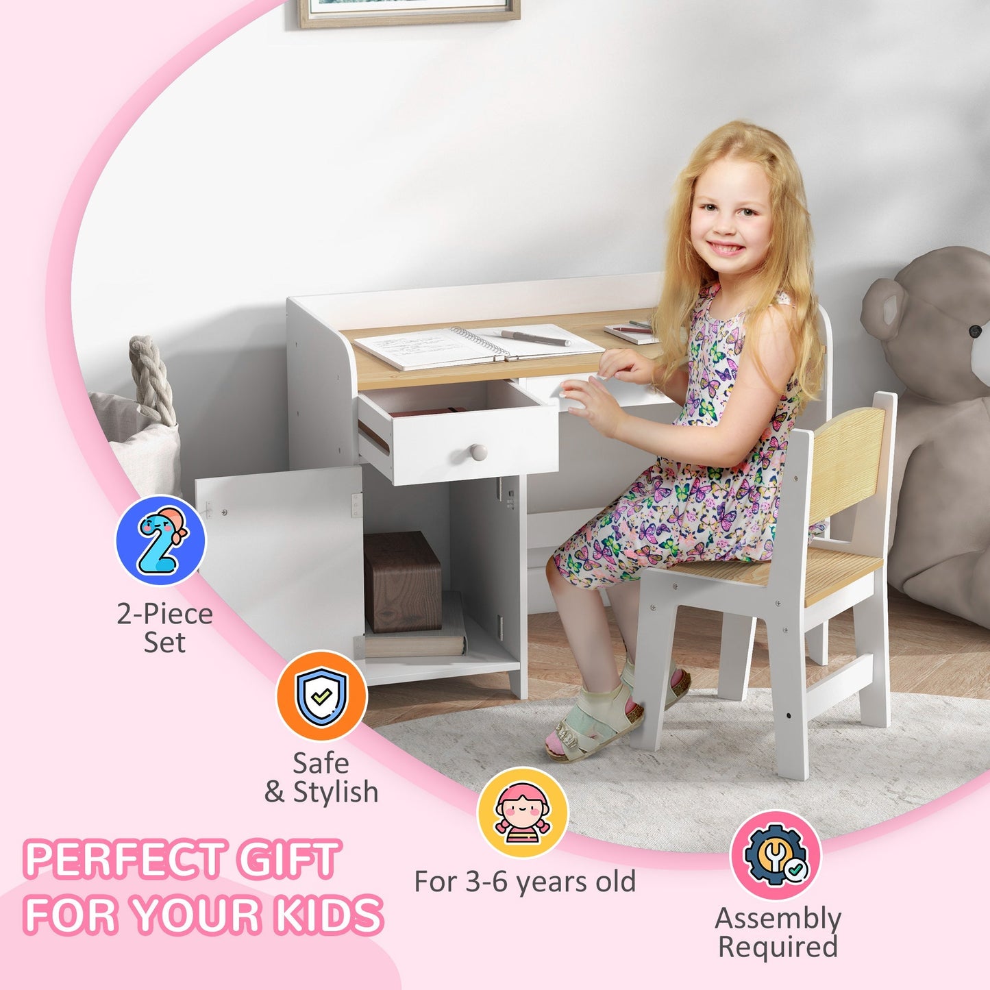 ZONEKIZ Kids Desk and Chair Set for 3-6 Year Old with Storage Drawer, Study Table and Chair for Children, White