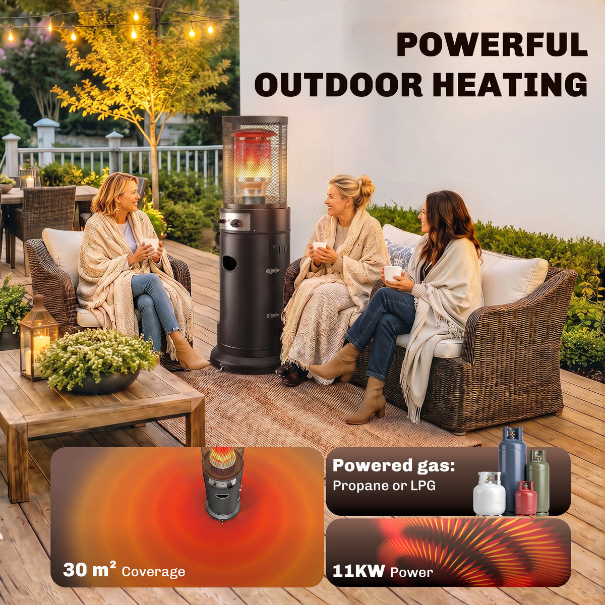 Outsunny Gas Patio Heater, 11 kW Portable Propane Outdoor Heater with Pulse Ignition, Protective Mesh, Tip-over Protection, Black