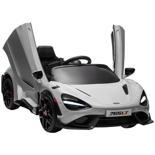 سيارة كهربائية للأطفال مرخصة من AIYAPLAY McLaren 765LT بقوة 12 فولت مع أبواب على شكل فراشة وعجلات نقل تعمل بالتحكم عن بعد باللون الرمادي