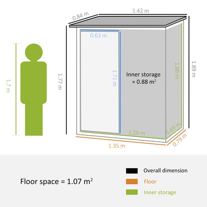 Outsunny Garden Storage Shed, Outdoor Tool Shed with Sloped Roof, Lockable Door for Equipment, Bikes, Light Green, 142 x 84 x 189cm