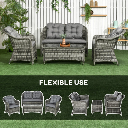 Outsunny 4 Pieces Outdoor PE Rattan Garden Furniture with Cushions, Patio Special Hand Weave Wicker Conservatory Sofa Set with Glass Top Coffee Table, Mixed Grey