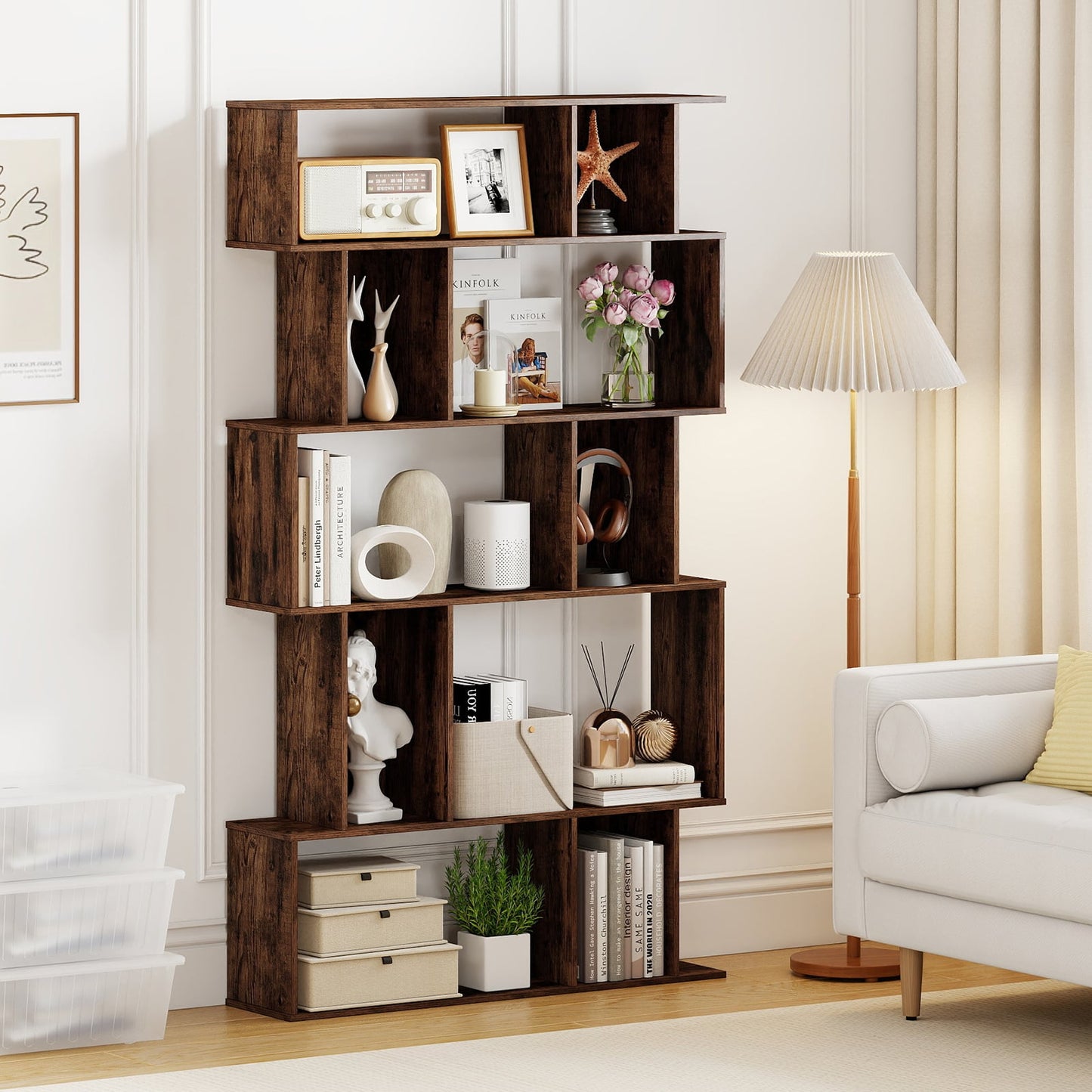 Geometric Bookshelf 5-Tier Bookcase with Open Shelves and Closed-back Cubes-Rustic Brown