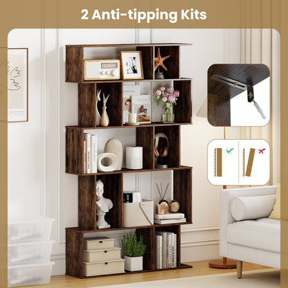Geometric Bookshelf 5-Tier Bookcase with Open Shelves and Closed-back Cubes-Rustic Brown