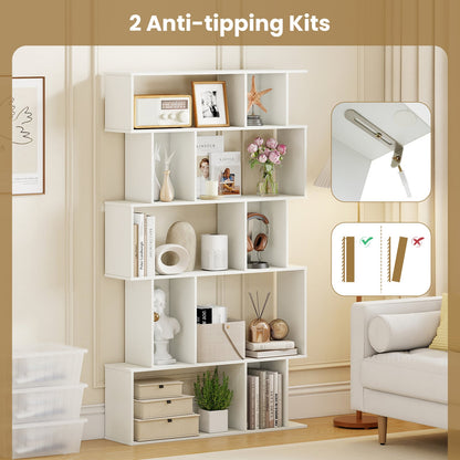 Geometric Bookshelf 5-Tier Bookcase with Open Shelves and Closed-back Cubes-White