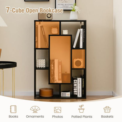 7-Cube Geometric Bookshelf Open Bookcase with Anti-Toppling Device-Black