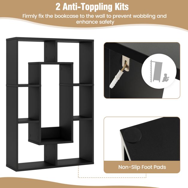 7-Cube Geometric Bookshelf Open Bookcase with Anti-Toppling Device-Black