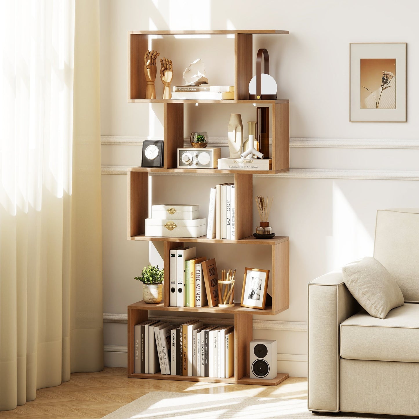 Geometric S-Shaped Bookcase with Anti-Toppling Device for Living Room Home Office-Natural