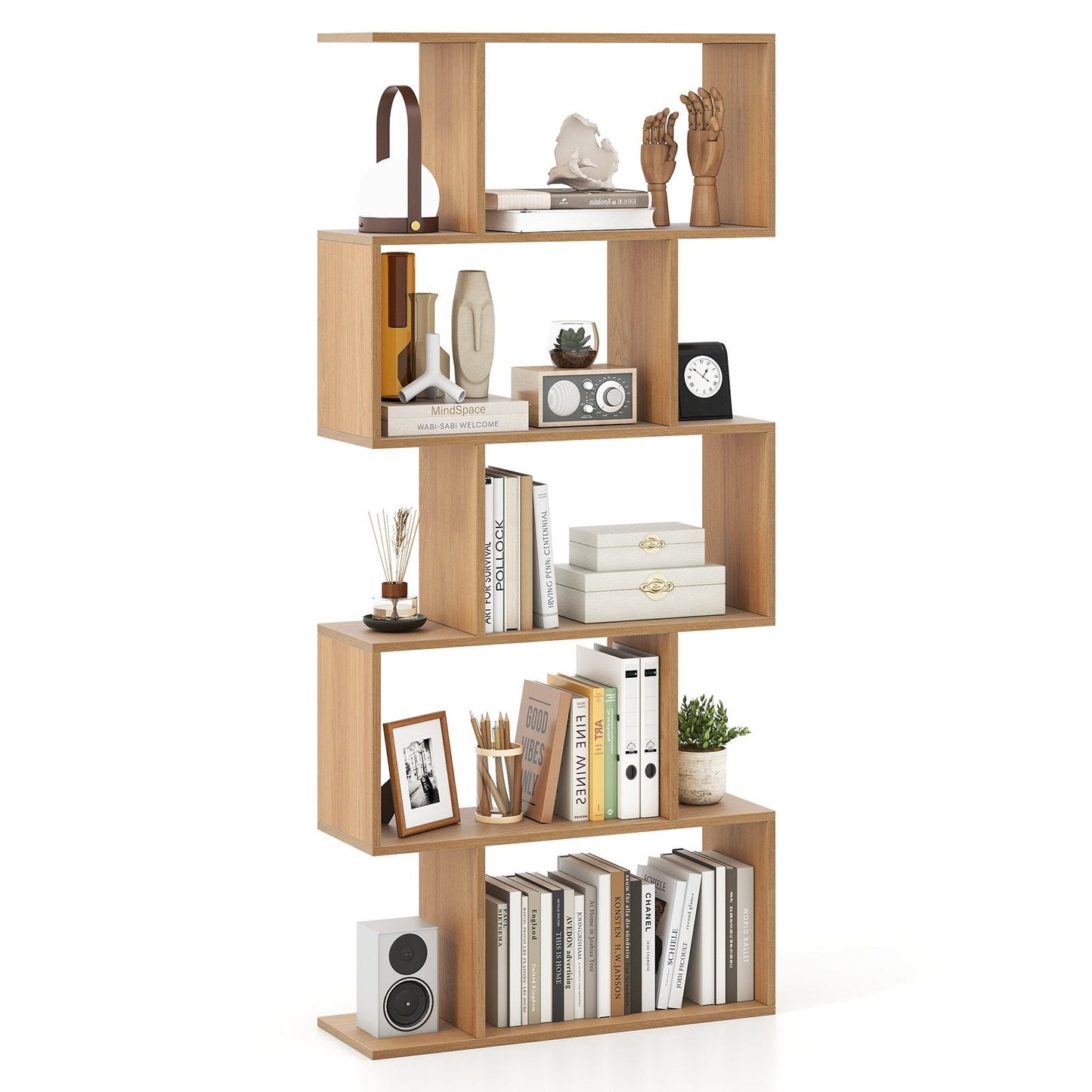 Geometric S-Shaped Bookcase with Anti-Toppling Device for Living Room Home Office-Natural