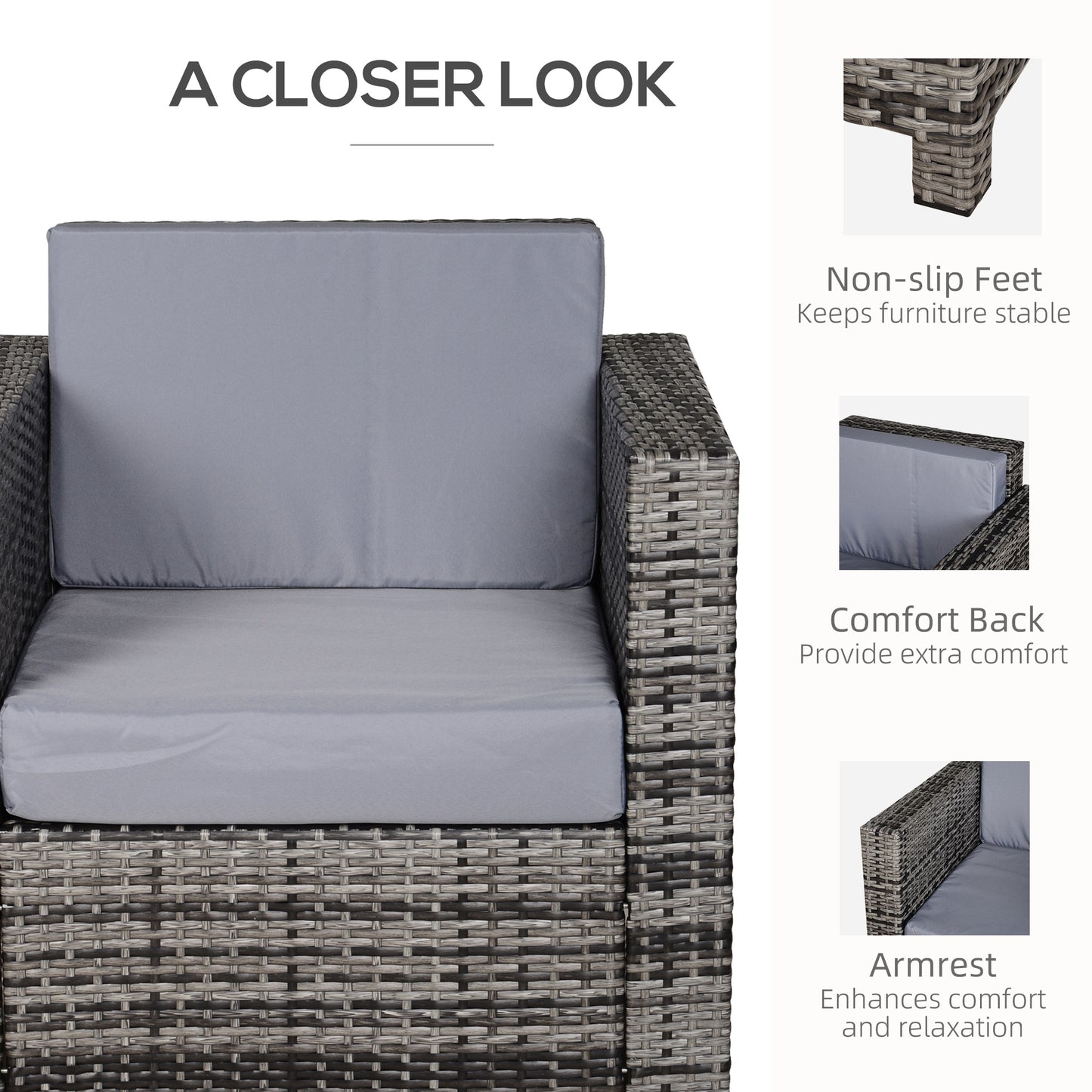 Outsunny Jednoosobowa sofa rattanowa z 10 cm grubą wyściełaną poduszką, fotel ogrodowy z plecionki PE, odporny na warunki atmosferyczne, z podłokietnikami, szary