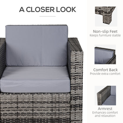 Outsunny Jednoosobowa sofa rattanowa z 10 cm grubą wyściełaną poduszką, fotel ogrodowy z plecionki PE, odporny na warunki atmosferyczne, z podłokietnikami, szary
