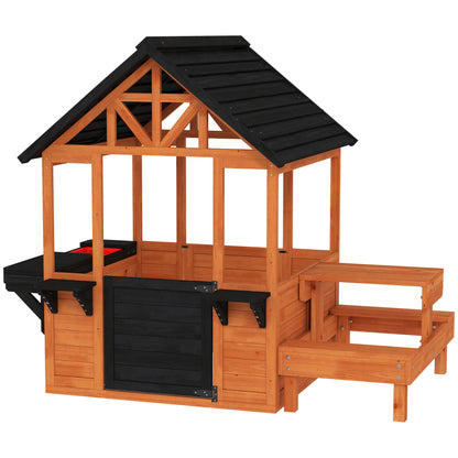 AIYAPLAY Wooden Playhouse Playhouse for Kids with Table, Benches, Sink Table, Windows, Flowerpot Holders, for Ages 3-8, Brown