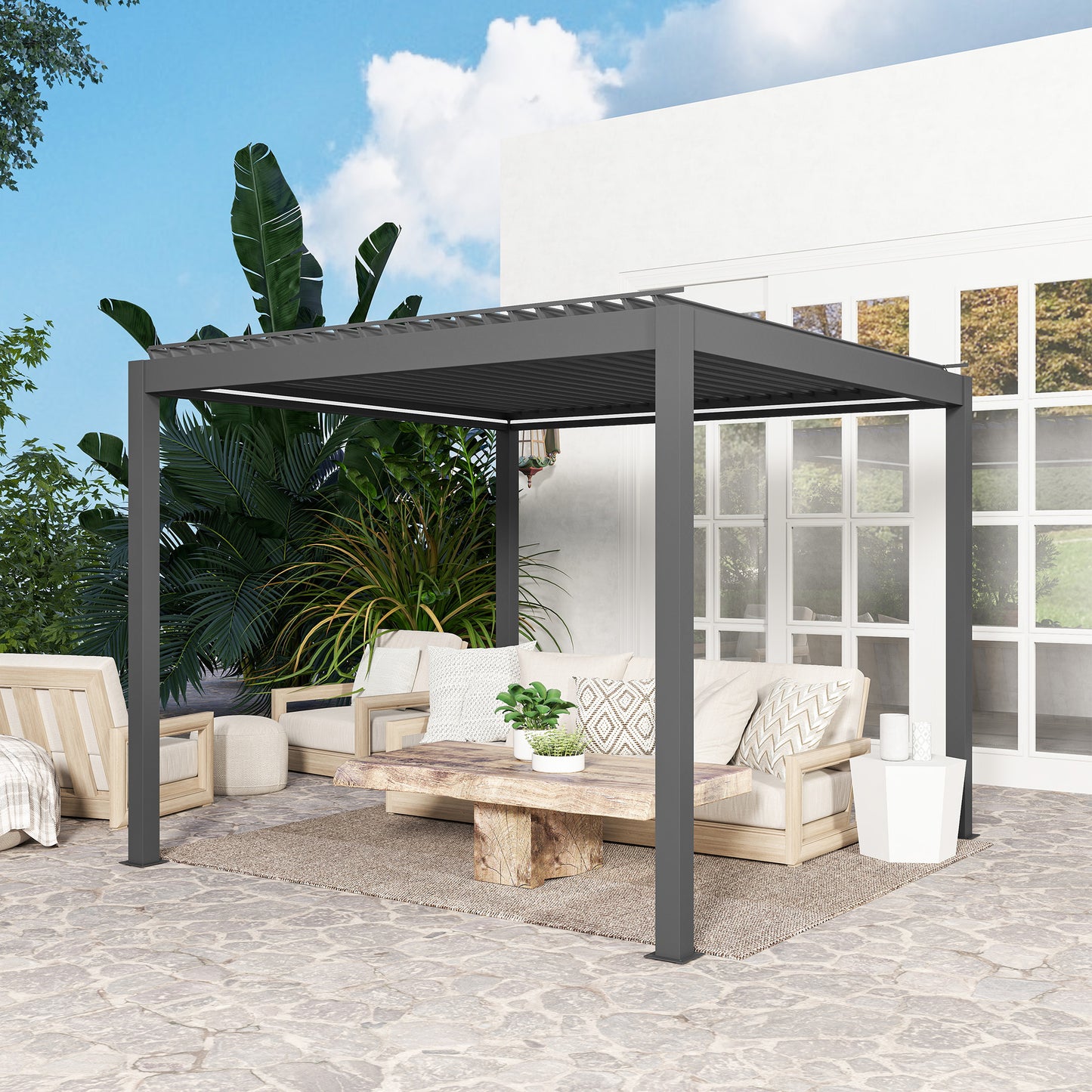 Outsunny 3 x 3(m) Elektryczna pergola żaluzjowa z oświetleniem LED, aluminiowa pergola z twardym dachem i pilotem, regulowany dach i system odwodnienia, wodoodporna i odporna na promieniowanie UV