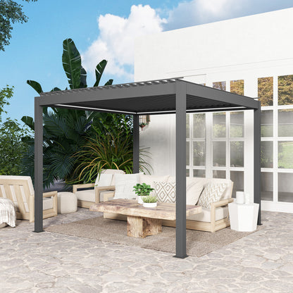 Outsunny 3 x 3(m) Elektryczna pergola żaluzjowa z oświetleniem LED, aluminiowa pergola z twardym dachem i pilotem, regulowany dach i system odwodnienia, wodoodporna i odporna na promieniowanie UV