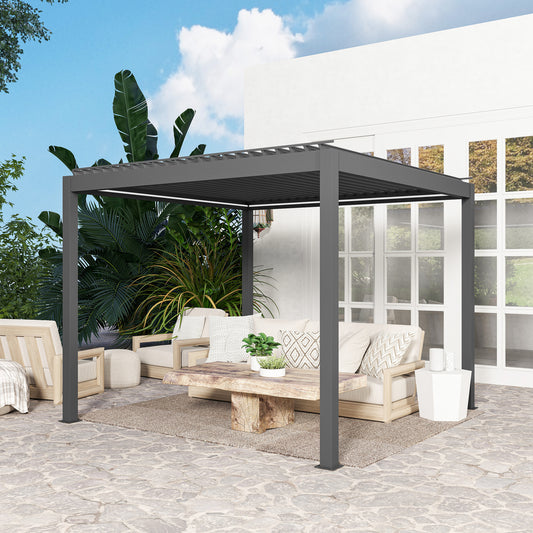 Outsunny 3 x 3(m) Elektryczna pergola żaluzjowa z oświetleniem LED, aluminiowa pergola z twardym dachem i pilotem, regulowany dach i system odwodnienia, wodoodporna i odporna na promieniowanie UV