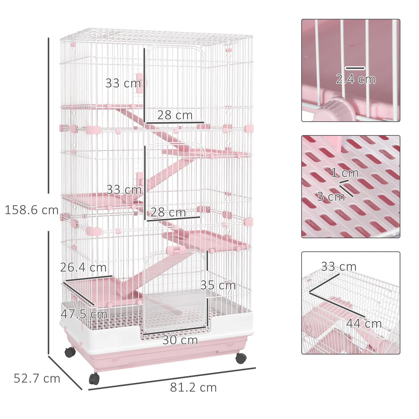 PawHut 6 Levels Small Animal Cage Indoor Bunny House for Ferret Chinchilla with Wheels, Slide-out Tray, Pink