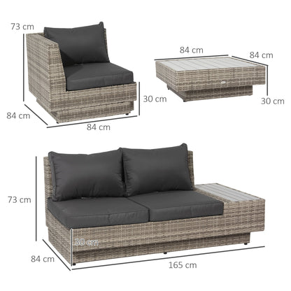 Outsunny 4 PCs Rattan Garden Furniture Outdoor Sectional Corner Sofa and Coffee Table Set Conservatory Wicker Weave Furniture with Armrest and Cushions - Light Grey