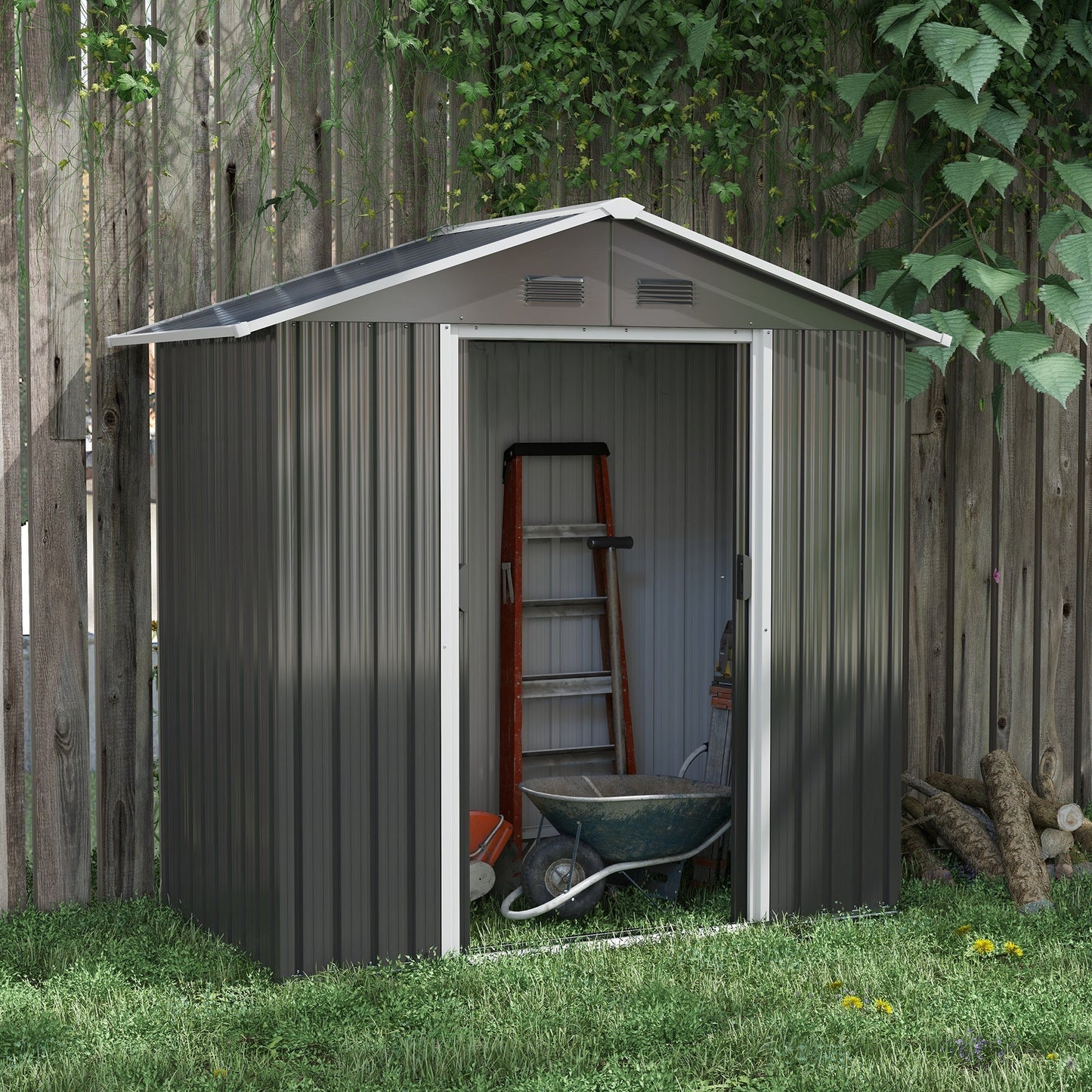 Outsunny 6.5x3.5ft Metal Garden Storage Shed for Outdoor Tool Storage with Double Sliding Doors and 4 Vents, Dark Grey