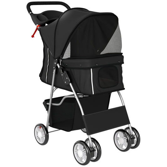PawHut Dog Pram, Pet Stroller with Reflective Strips, Foldable Cat Stroller with 360Â° Swivel Wheels, Black